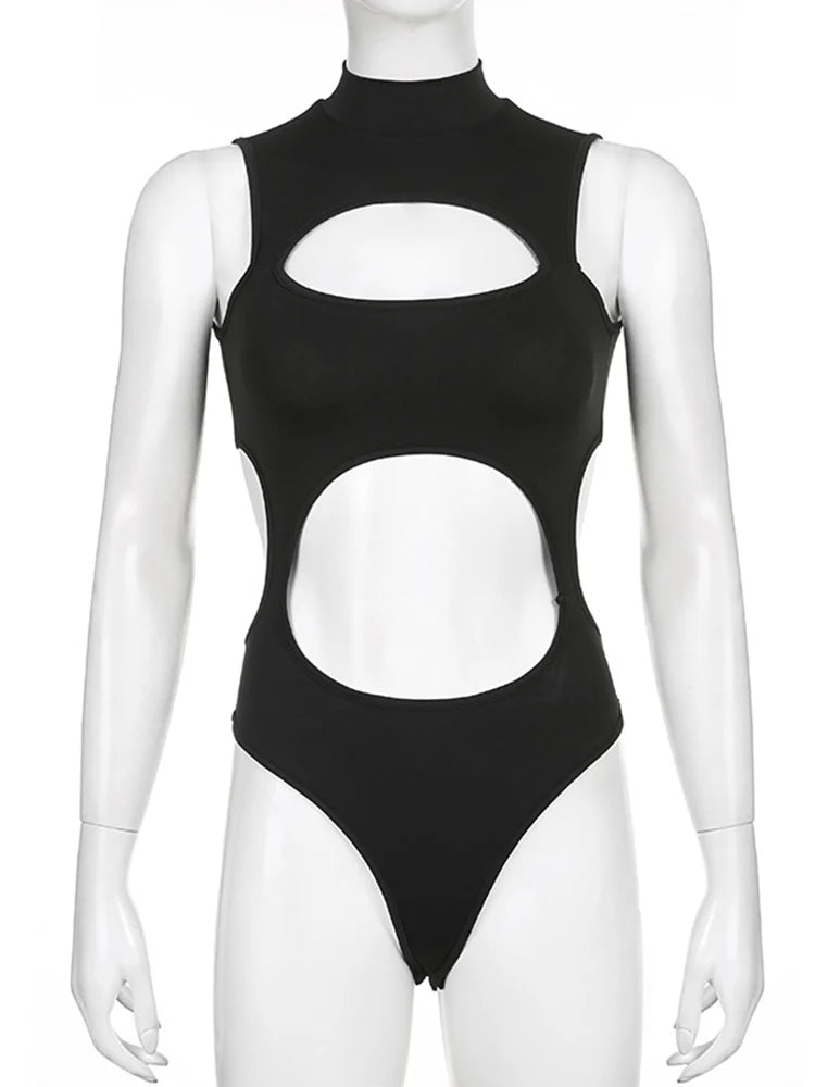 Cutout Sleeveless Bodycon Bodysuit for Gothic Techwear Alternative Fashion