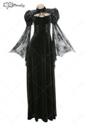 Women's Gothic Velvet Maxi Dress with Flared Mesh Sleeves and Elegant Alternative Styling