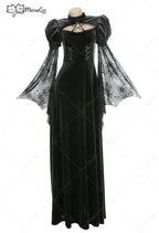 Women's Gothic Velvet Maxi Dress with Flared Mesh Sleeves and Elegant Alternative Styling