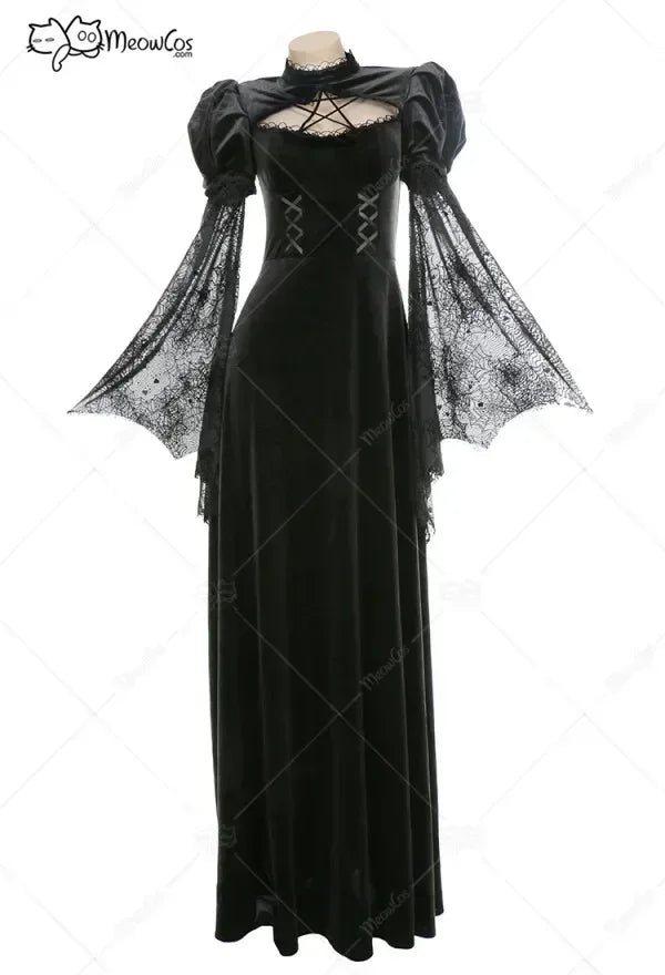 Women's Gothic Velvet Maxi Dress with Flared Mesh Sleeves and Elegant Alternative Styling