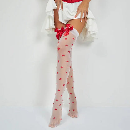 Heart Pattern Sheer Thigh High Stockings with Decorative Bow Detail for Sweet Everyday Fashion