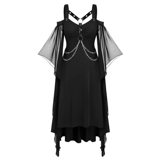 Dark Gothic Butterfly Print A-Line Dress With Vintage Alternative Fashion Elegance