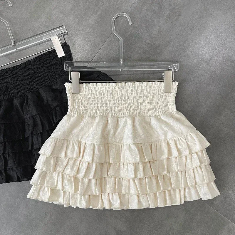 Layered Ruffle Pleated Mini Skirt with High Waist A-Line Silhouette