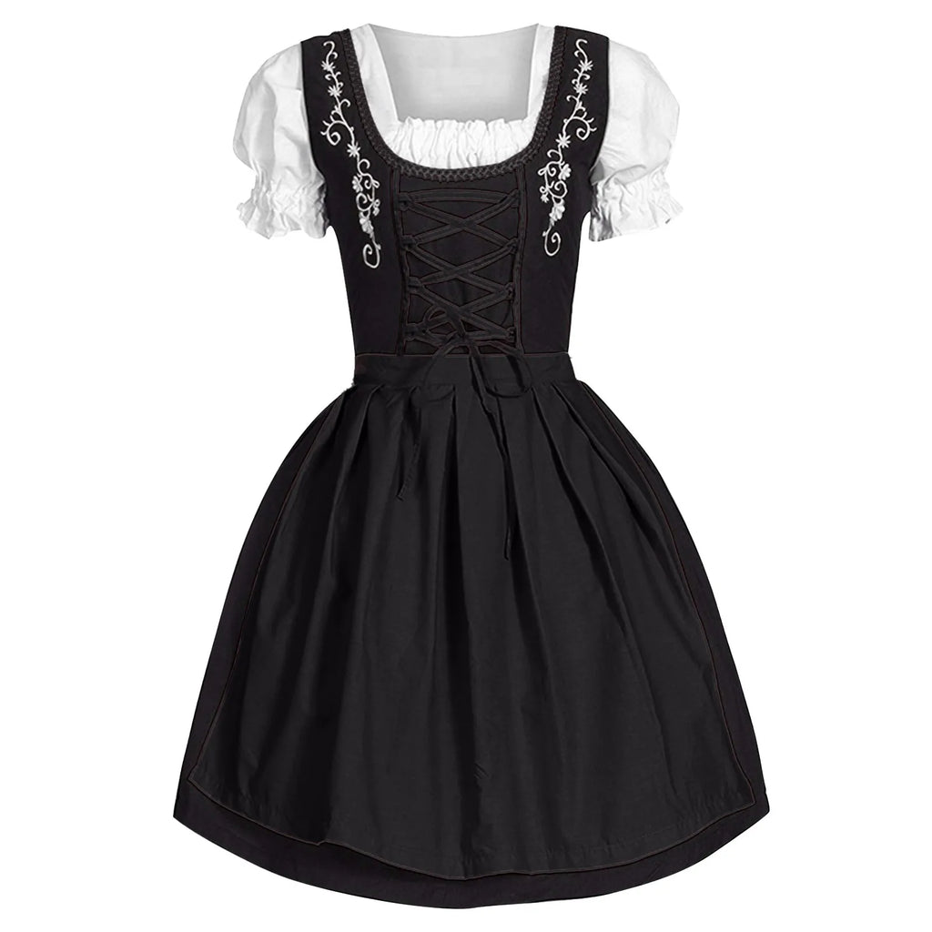 Traditional Bavarian-Inspired Dirndl Dress with Lace-Up Bodice and Puff Sleeves