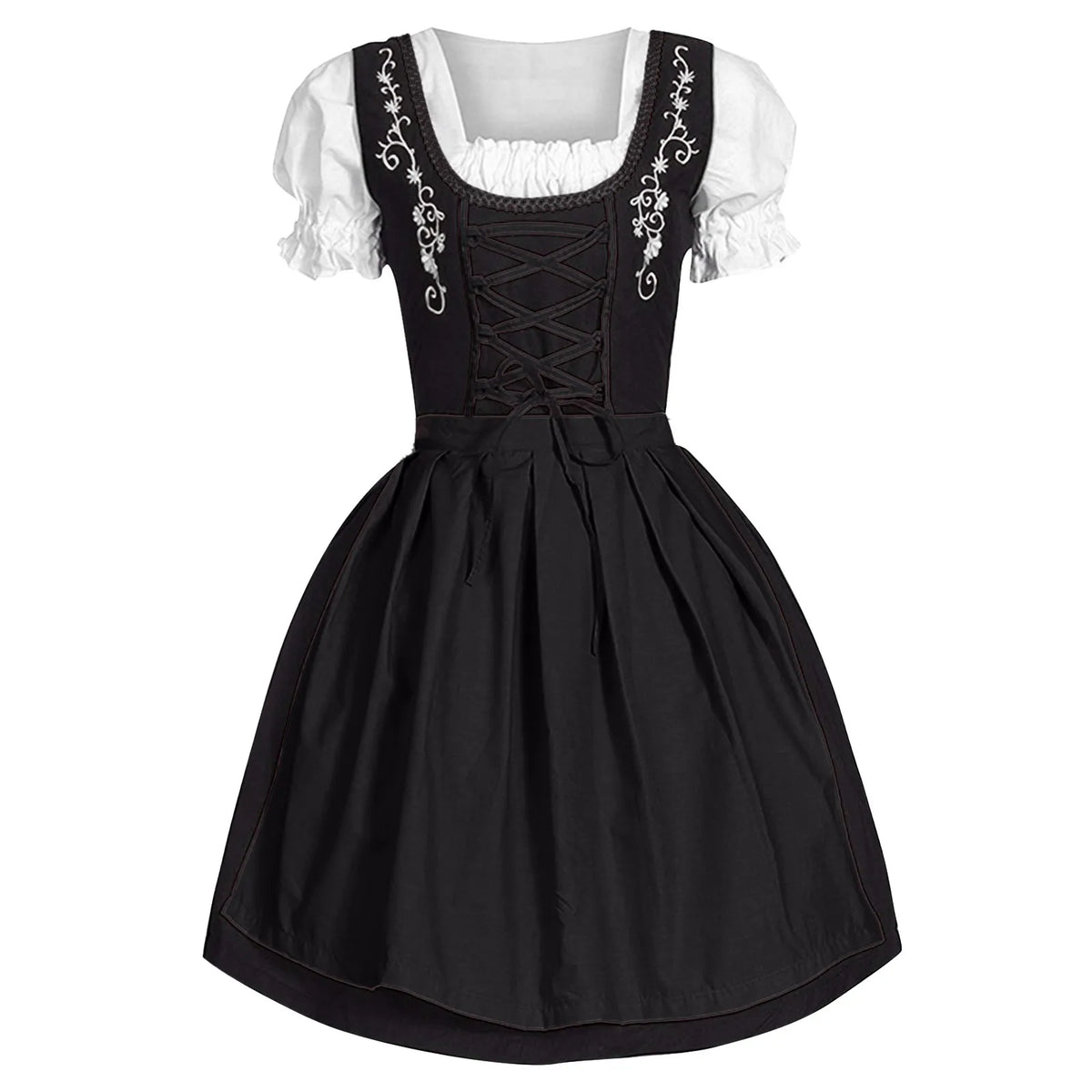 Traditional Bavarian-Inspired Dirndl Dress with Lace-Up Bodice and Puff Sleeves
