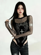 Velvet Printed Long Sleeve Gothic Bodysuit for Dark Aesthetic Fashion