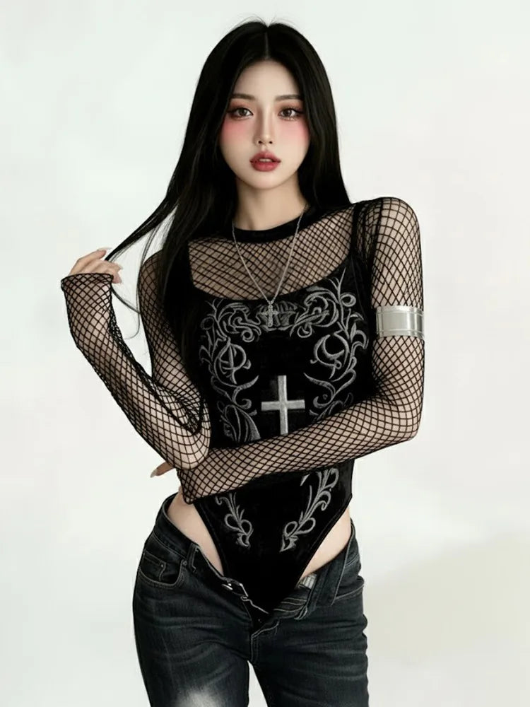 Velvet Printed Long Sleeve Gothic Bodysuit for Dark Aesthetic Fashion