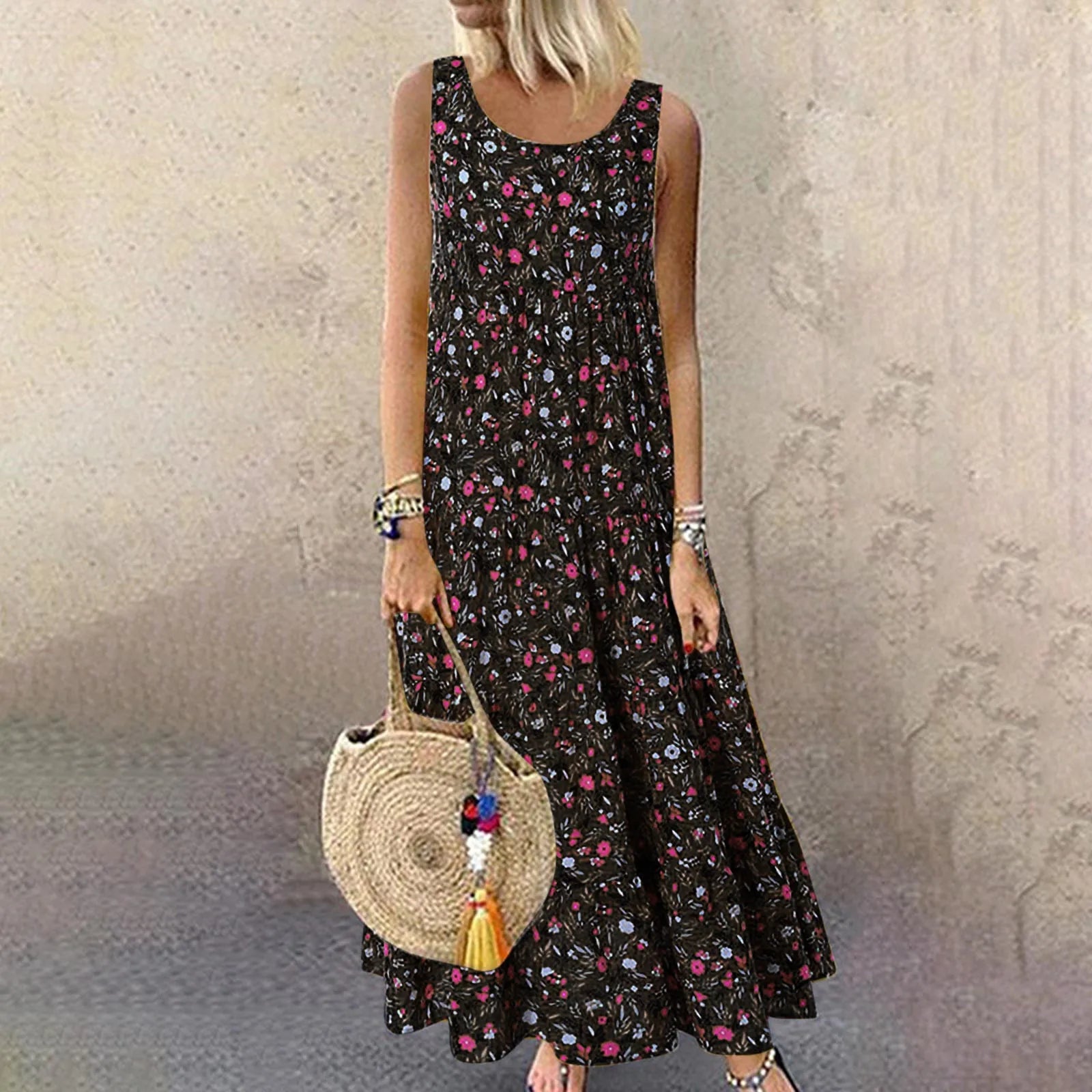 Sleeveless Floral Maxi Tank Dress with Relaxed Vintage-Inspired Silhouette