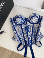 Vintage-Inspired Blue and White Toile Print Strapless Corset with Contrast Piping