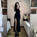 Anime-Inspired Elegant Side Slit Gothic Maxi Dress with Minimal Streetwear Style