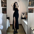 Anime-Inspired Elegant Side Slit Gothic Maxi Dress with Minimal Streetwear Style