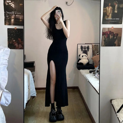 Anime-Inspired Elegant Side Slit Gothic Maxi Dress with Minimal Streetwear Style