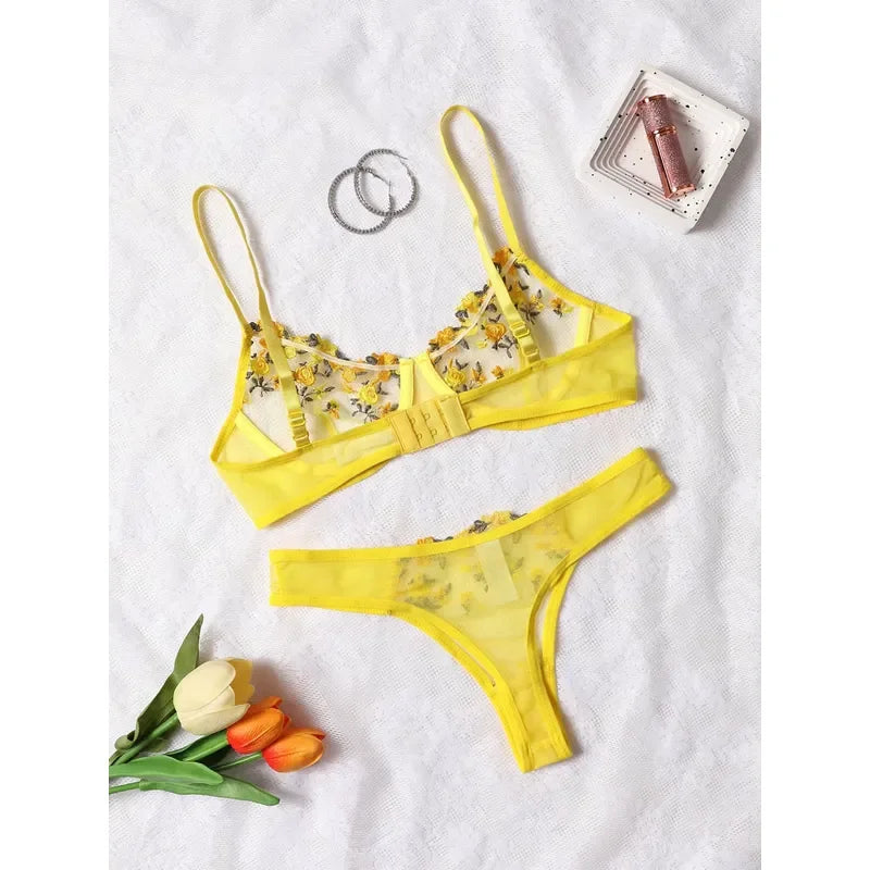 Vibrant Yellow Botanical Embroidered Sheer Mesh Underwire Bra and Thong Set