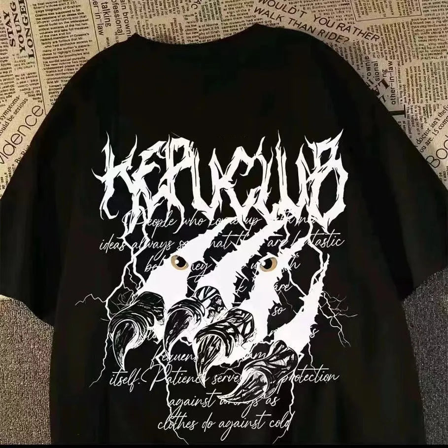 Dark Graphic Streetwear Cotton T-Shirt With Oversized Urban Artwork Style