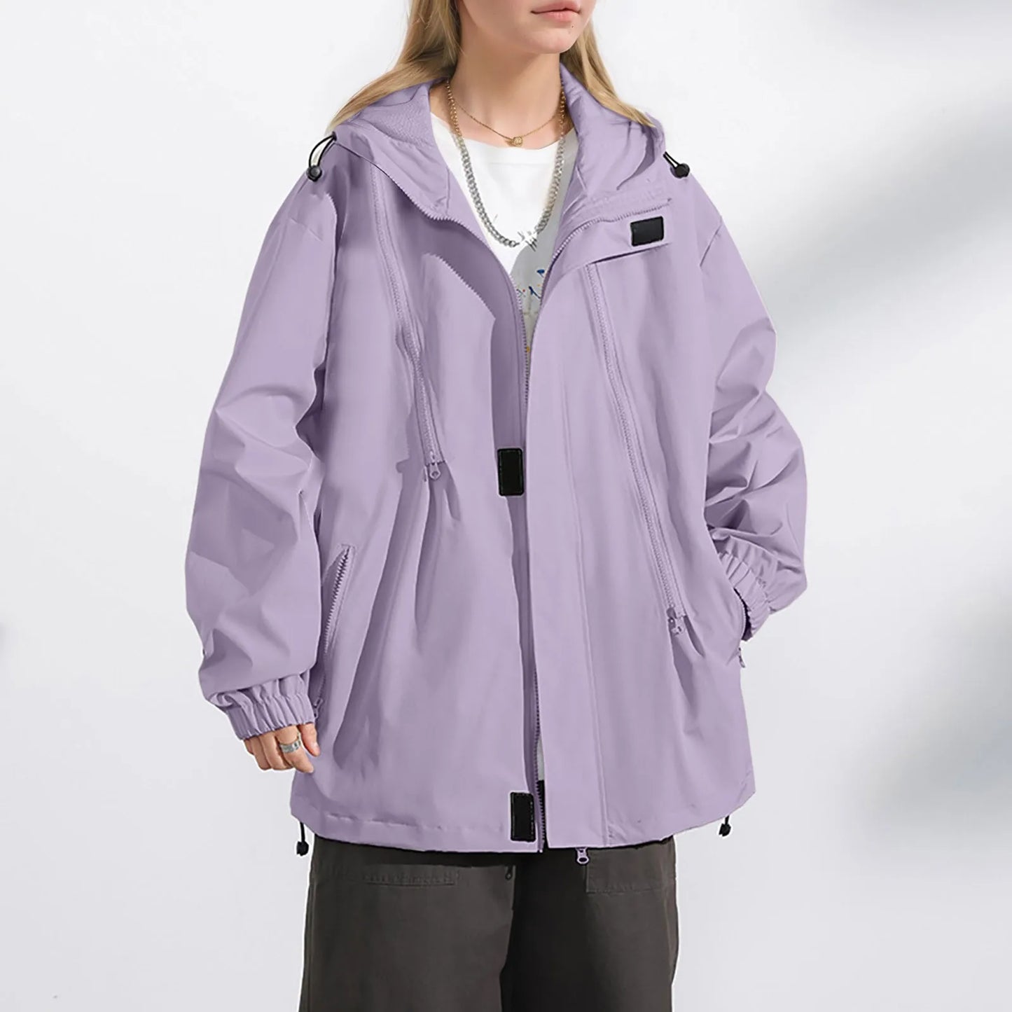Women's Lightweight Hooded Windbreaker Jacket with Relaxed Utility Streetwear Layering Style