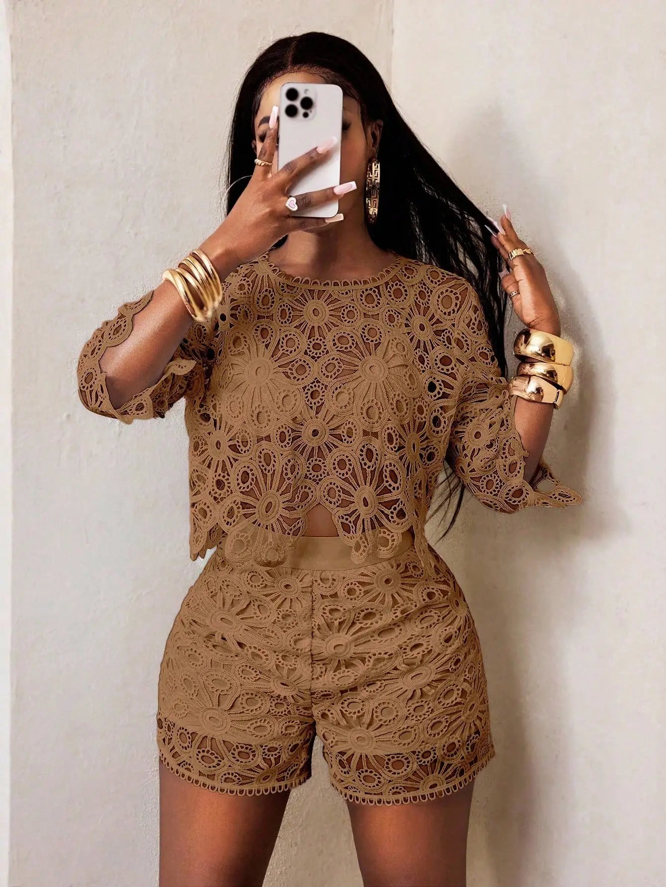 Lace Detail Top and Shorts Statement Summer Co-Ord Set for Women