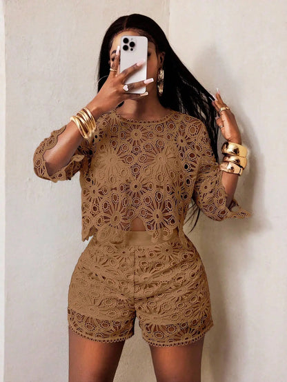 Lace Detail Top and Shorts Statement Summer Co-Ord Set for Women