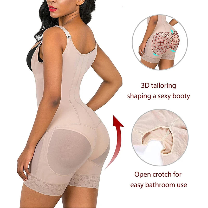 Seamless Open-Bust Mid-Thigh Shaping Bodysuit with Sheer Lace Accents