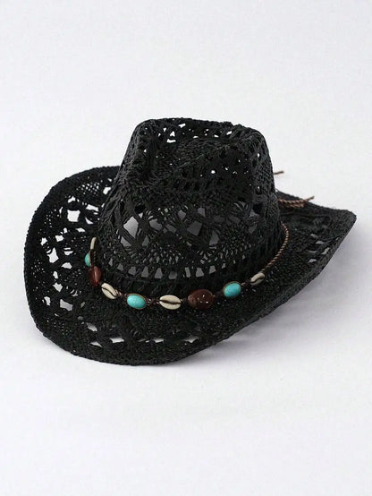 Hollow Woven Straw Cowboy Hat with Decorative Beaded Band for Outdoor Summer Adventures