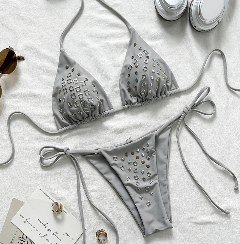 Grey Triangle String Bikini with Geometric Rhinestone Embellishments