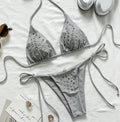 Grey Triangle String Bikini with Geometric Rhinestone Embellishments