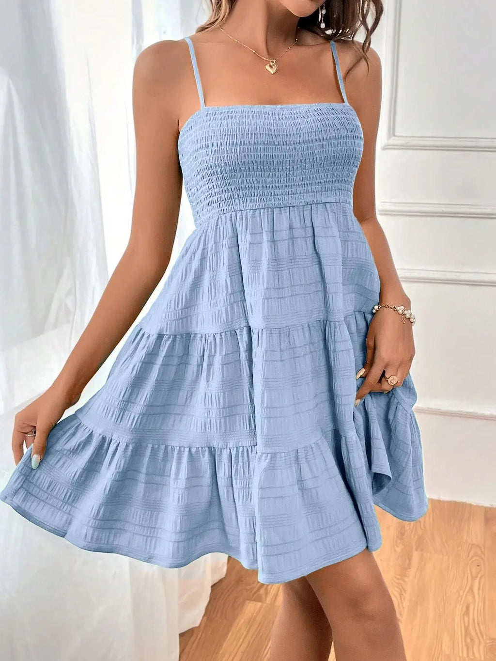 Smocked Bustier Mini Dress with Tiered Hem and Spaghetti Strap Design