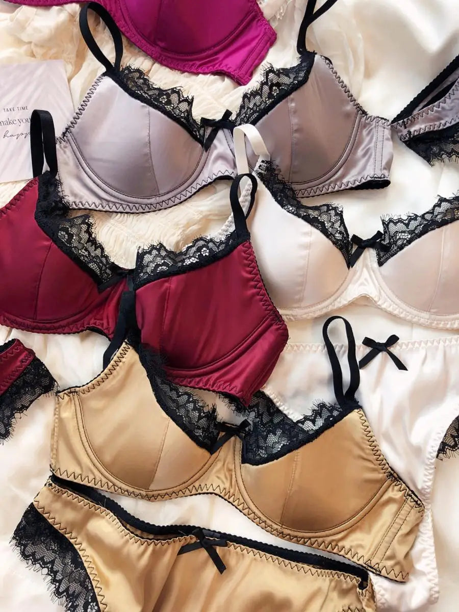 Vibrant Magenta Satin-Finish Wire-Free Bra and Panty Set with Black Lace Trim
