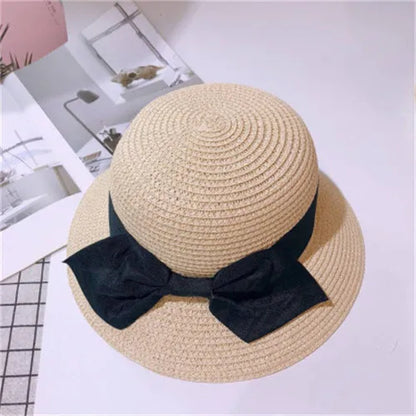 Women's Woven Straw Bucket Sun Hat with Decorative Bow for Casual Summer Outdoor Style