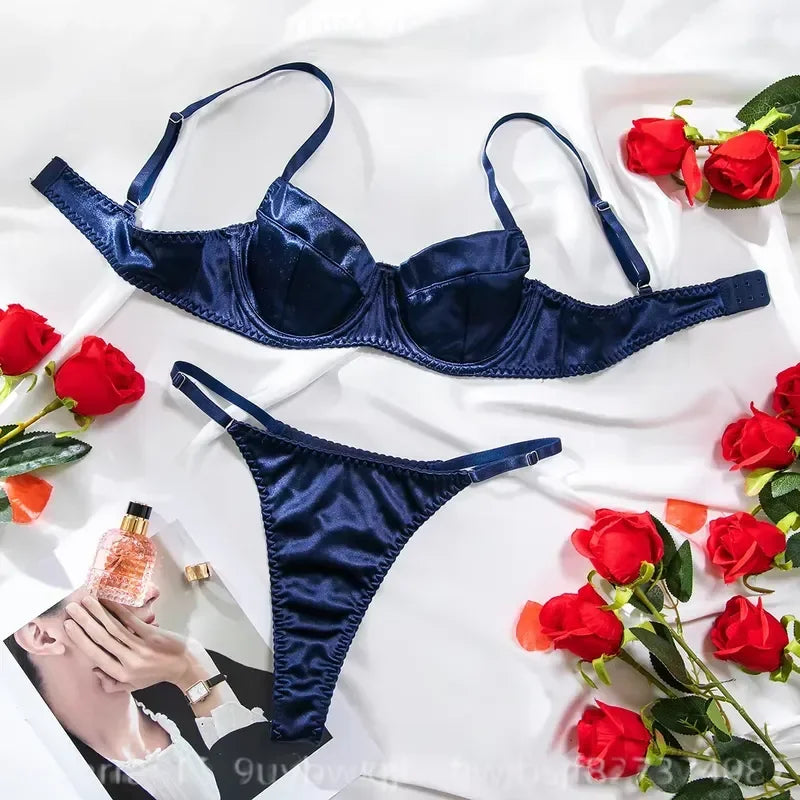 Lustrous Ruched Satin Demi Bra and Minimalist String Thong Set