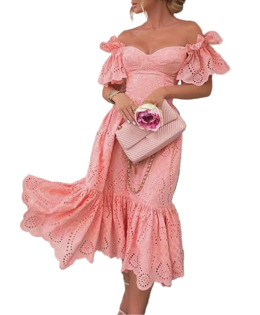 Romantic Off Shoulder Ruffle Trim Alternative Fashion Midi Dress