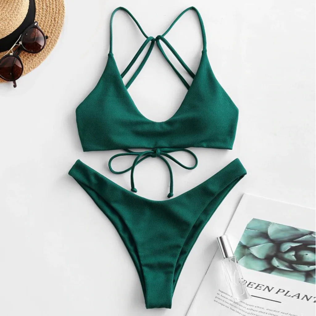 Burgundy Two-Piece Bikini Set with Lace-Up Halter Top, Crisscross Back Straps and Matching High-Waisted Bottom