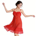 Vibrant Red Sheer Chiffon Babydoll with Ruffled Bust and Lace Hem