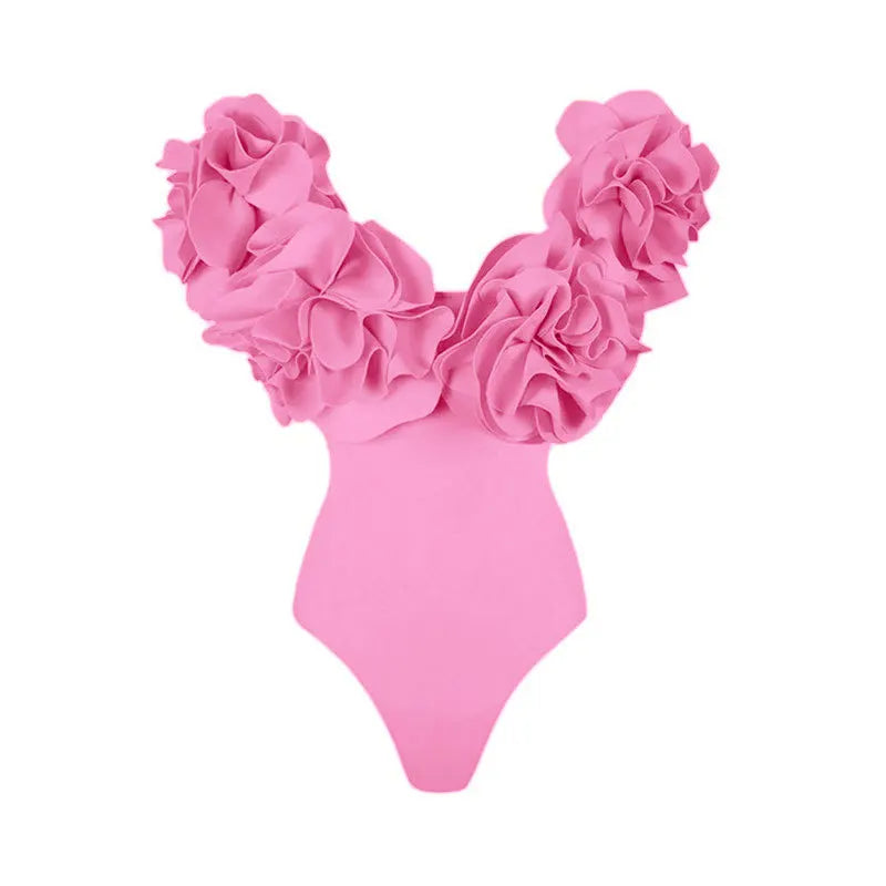 Crimson Red Plunge Swimwear Set with Dramatic 3D Floral Embellishments
