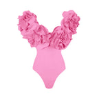 Crimson Red Plunge Swimwear Set with Dramatic 3D Floral Embellishments