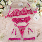 Neon Pink Embroidered Mesh Lingerie Set with Strappy Harness Detail