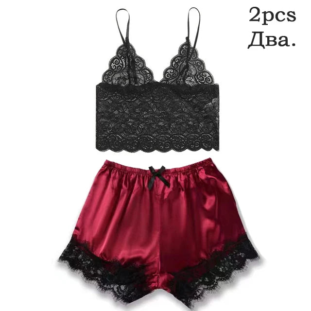 5-Piece Pink Satin-Style Sleepwear Collection with Striking Black Scalloped Lace Trim