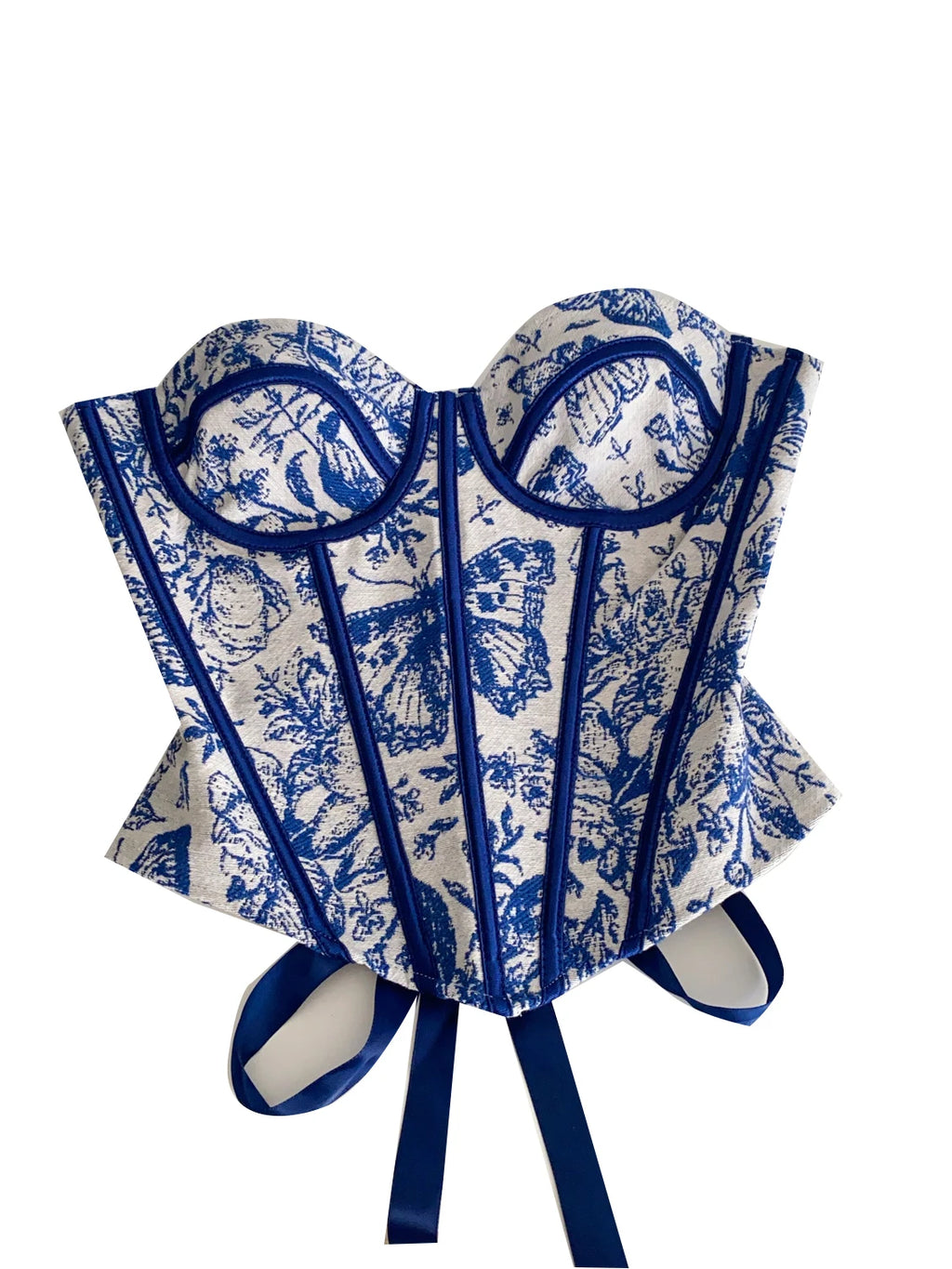Vintage-Inspired Blue and White Toile Print Strapless Corset with Contrast Piping