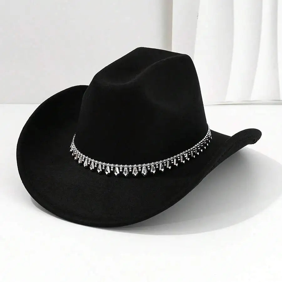 Women's Felt Western Cowboy Hat with Decorative Chain Detail for Casual Statement Style