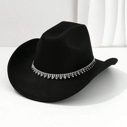 Women's Felt Western Cowboy Hat with Decorative Chain Detail for Casual Statement Style