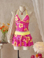 Light Blue Floral Halter Tankini Set with Tiered Ruffle Skirt