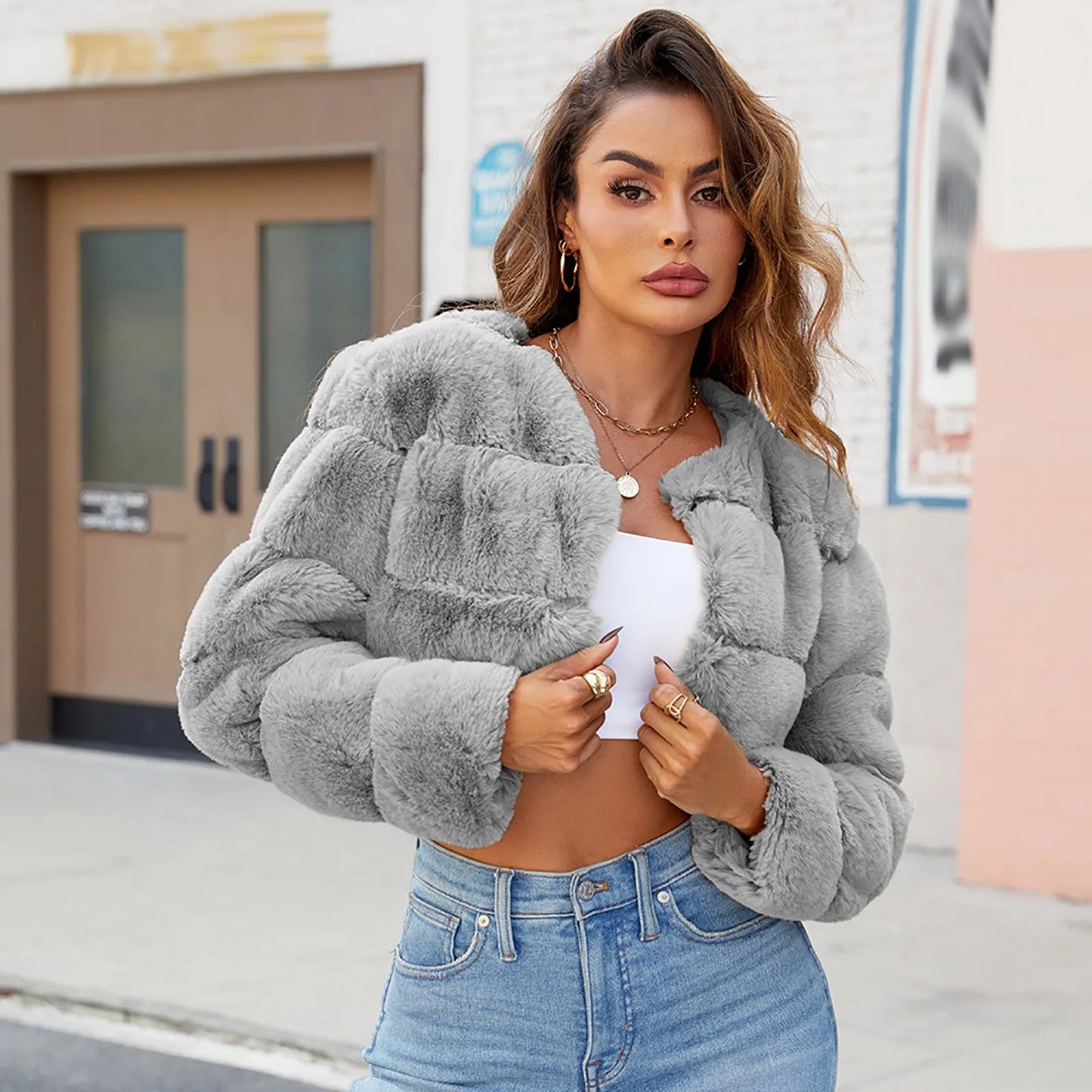 Cropped Plush Faux Fur Zip Front Streetwear Jacket for Layered Styling