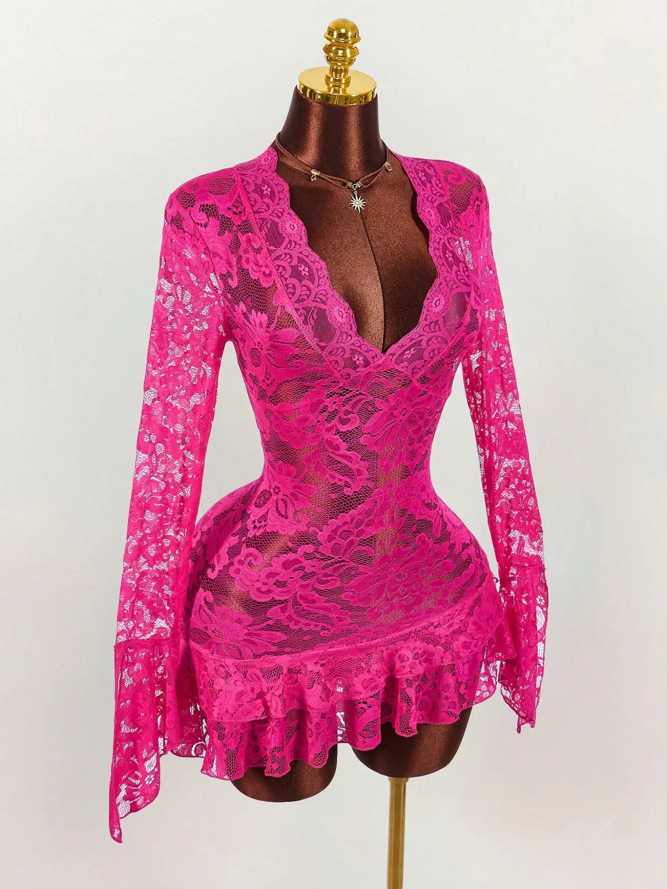 Sheer Lace Mini Dress with V-Neckline and Flared Sleeve Party Style