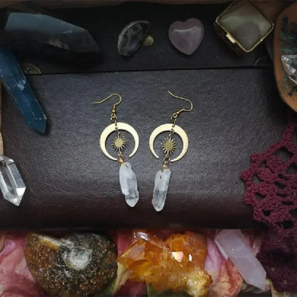 Witchcore Sun and Crescent Moon Crystal Drop Statement Earrings