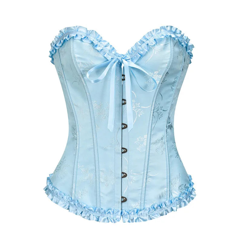 Jacquard Overbust Corset with Ruffled Trim, Structured Boning and Lace-Up Back