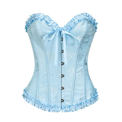 Jacquard Overbust Corset with Ruffled Trim, Structured Boning and Lace-Up Back
