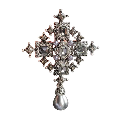 Baroque Cross Statement Brooch with Ornate Pendant Detail