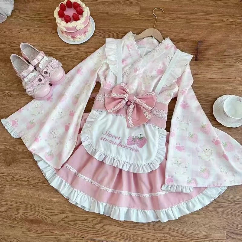 Pink Floral Wa-Lolita Maid Dress with Flowing Kimono Sleeves and Ruffled Apron
