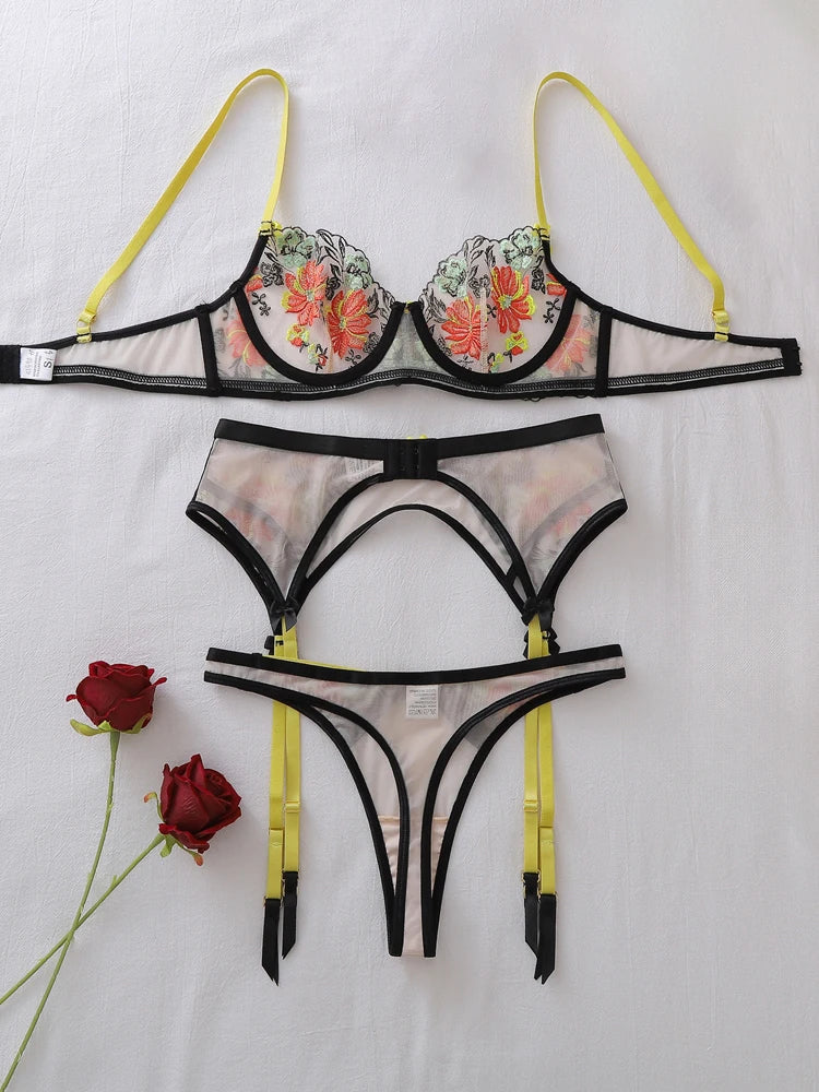 Vibrant Neon Floral Embroidery Sheer Mesh Three-Piece Lingerie Set