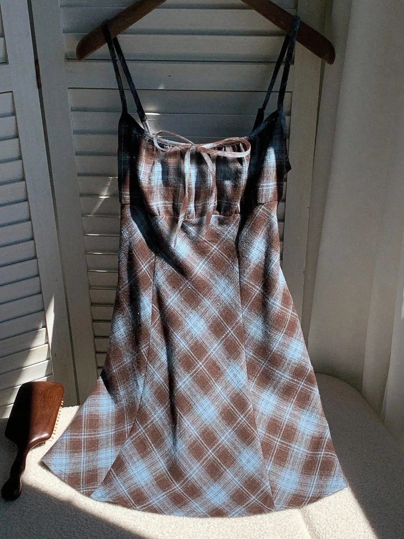 Plaid Square Neck Strap Mini Dress with Bow Detail and A-Line Fit