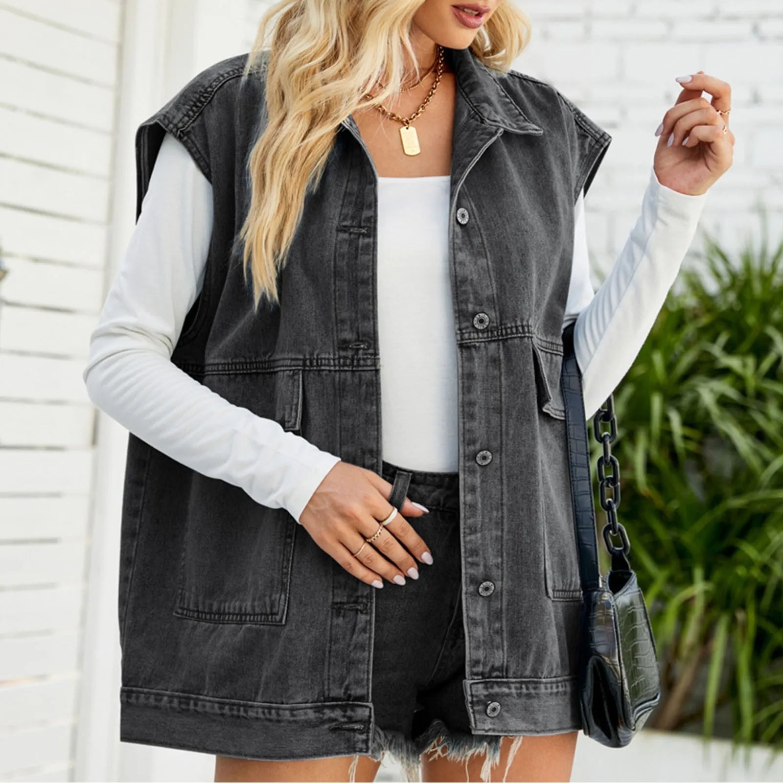 Women's Oversized Sleeveless Utility Vest with Button Front Layered Design